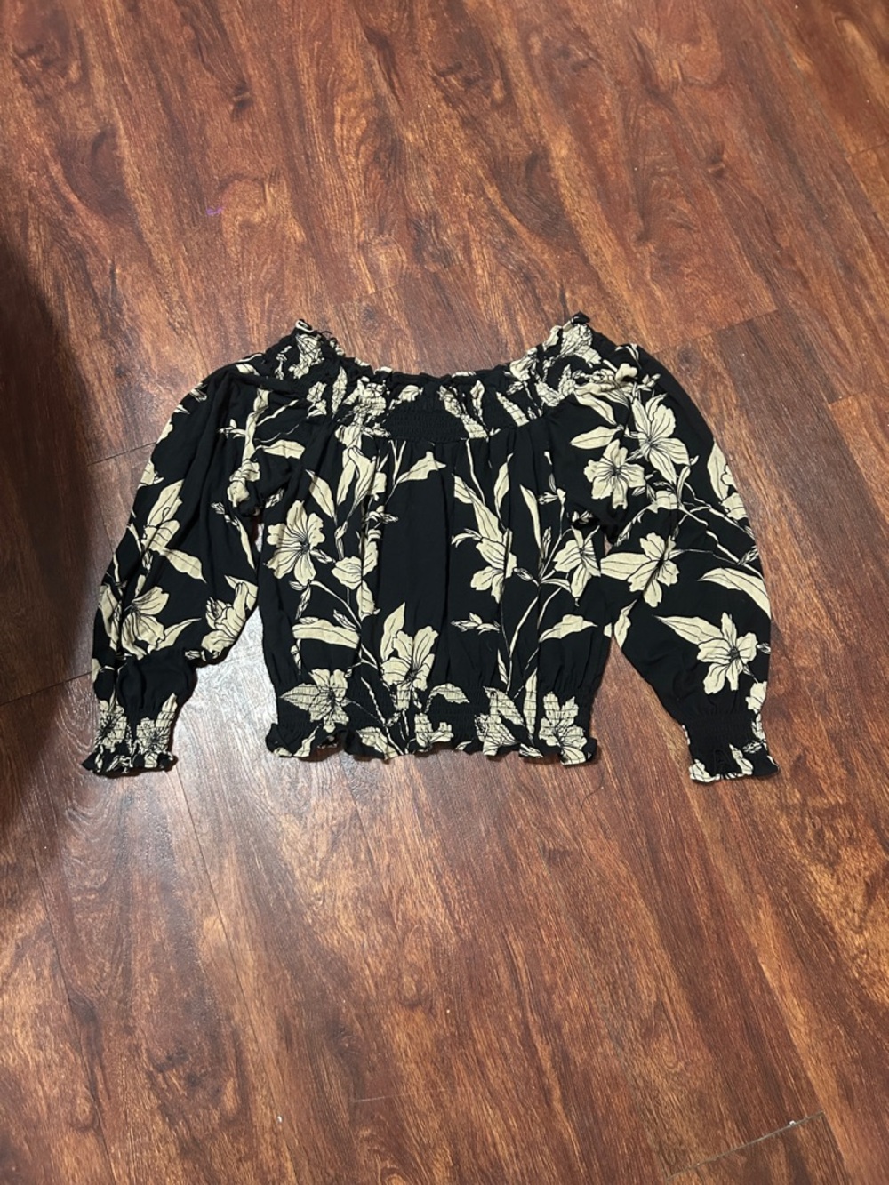 Ralph Lauren Black Floral Off-Shoulder Smocked Blouse